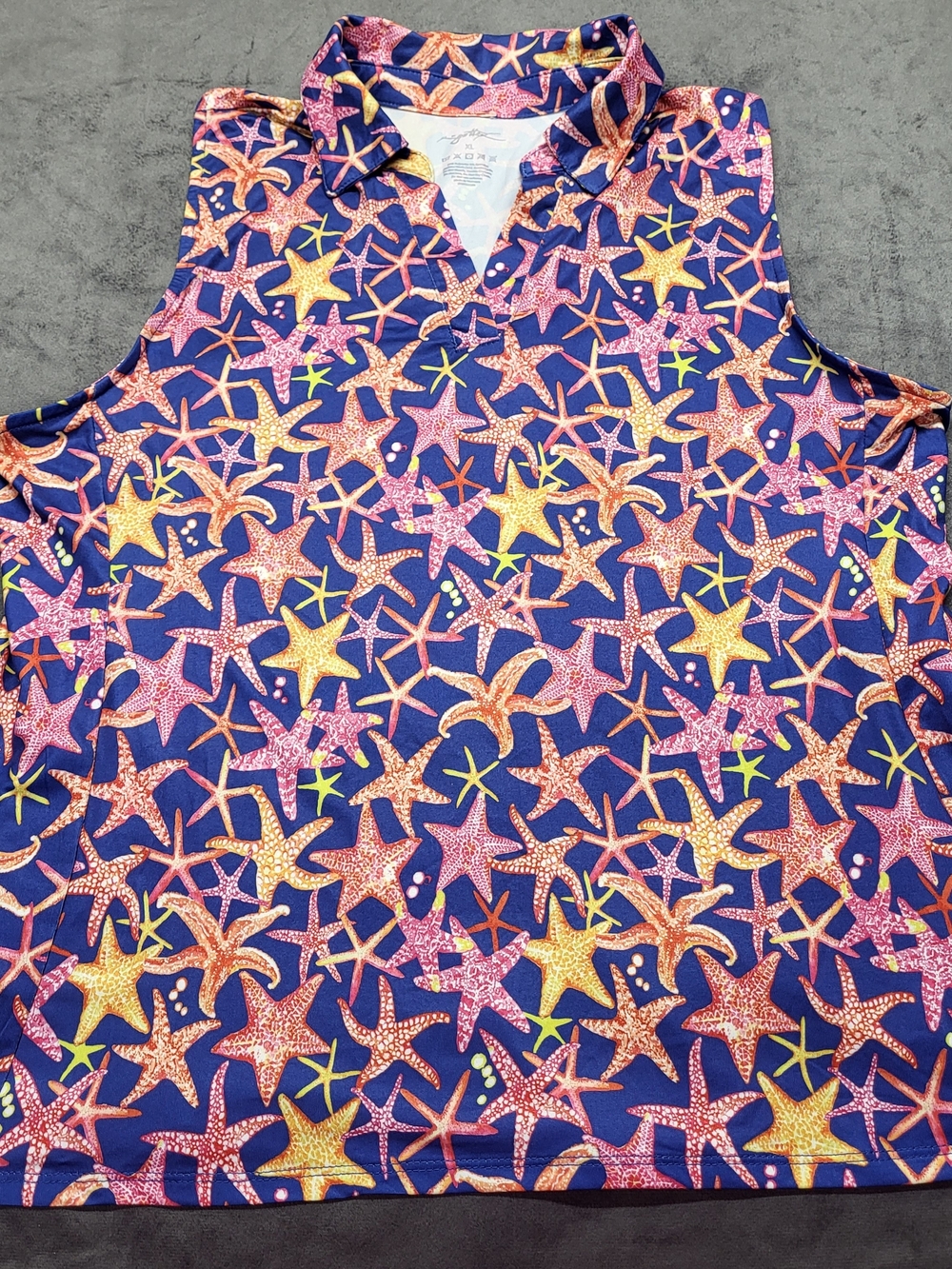 Sleeveless Starfish Print Polo Top - Navy with Pink & Yellow Stars XL